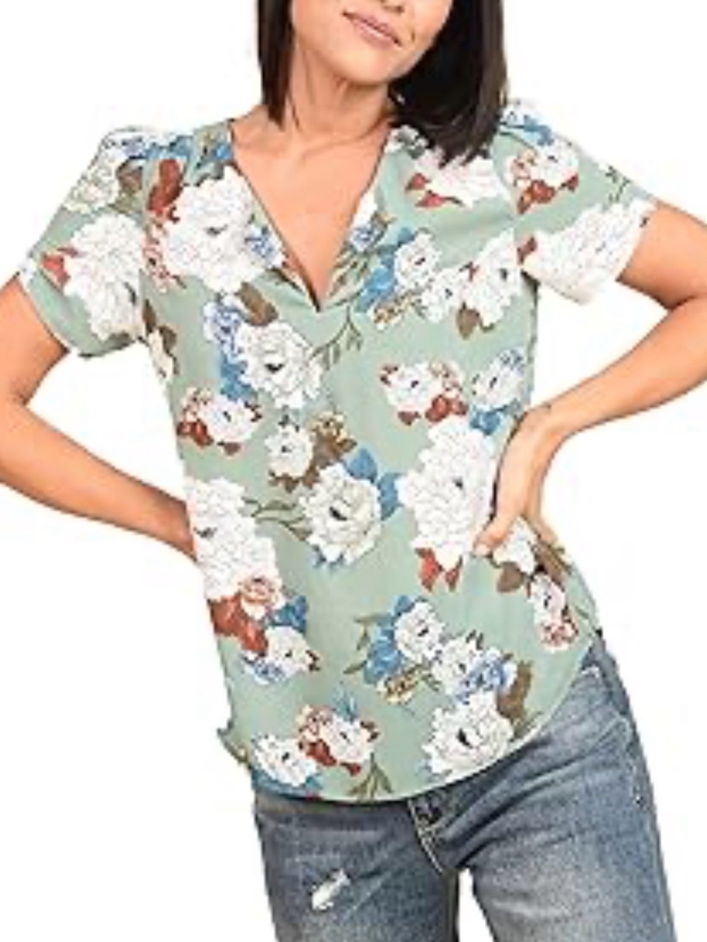 DR2Floral V-Neck Short Sleeve Top - Sage Green